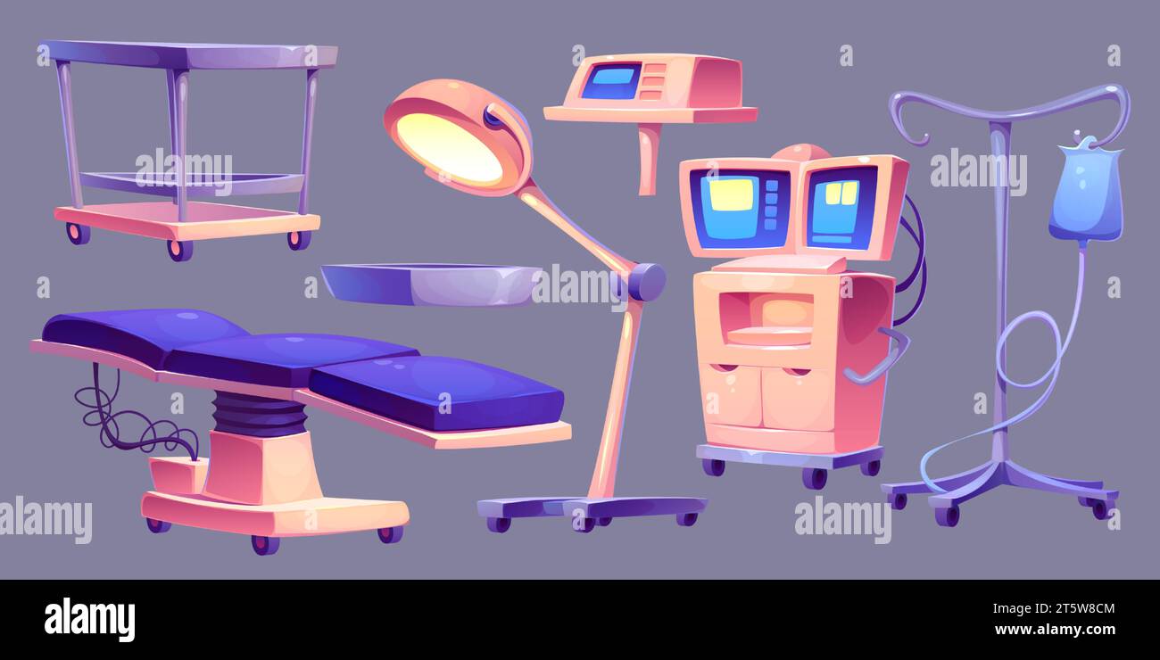 Équipement et mobilier d'opération intérieure de salle de chirurgie. Ensemble de vecteur de dessin animé de lampe médicale d'opération, table de chirurgien d'hôpital, moniteurs et appareils pour contrôler la santé et l'état du patient. Illustration de Vecteur
