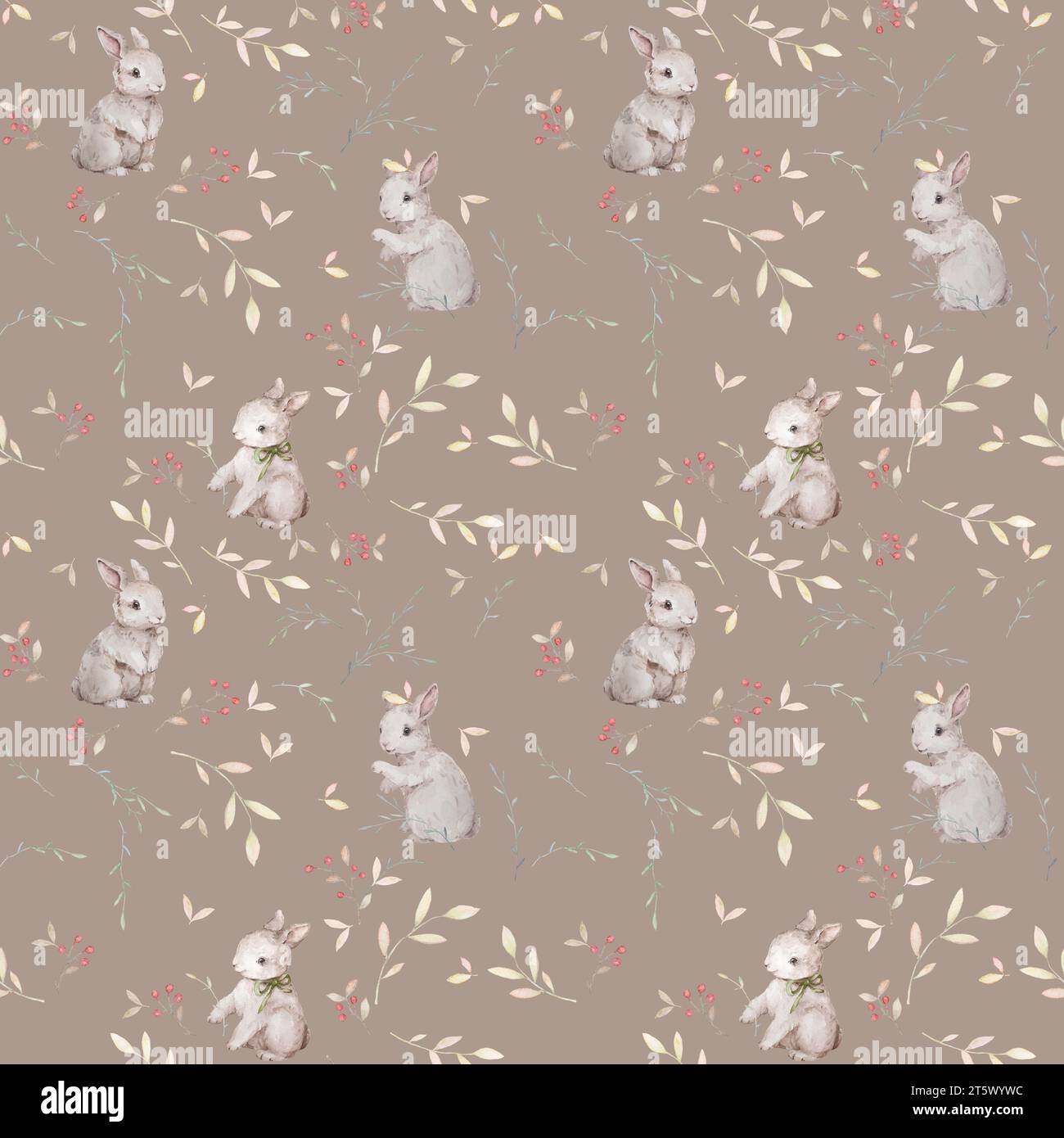 Rabbit Bunny Seamless Pattern, Woodland Animals Wallpaper, Aquarelle Forest Pattern, Brown Background Color Banque D'Images