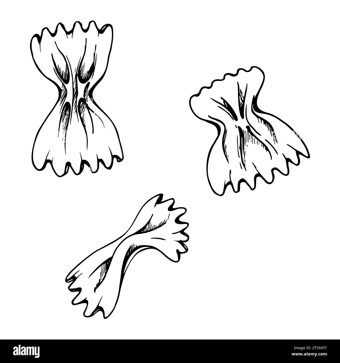 Illustration à l'encre vectorielle dessinée à la main. Types de pâtes cuisine italienne farfalle plat traditionnel. Ensemble d'éléments d'objet unique isolés sur blanc. Pour Illustration de Vecteur