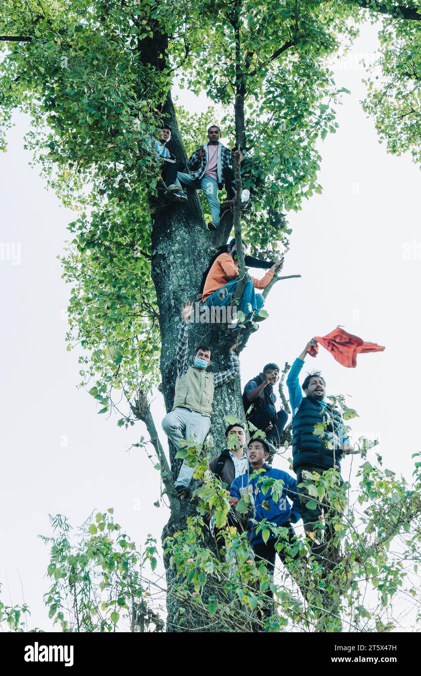 Katmandou, Népal - 5 novembre 2023 : les fans népalais de cricket Crazy regardent le match de qualification de la coupe du monde T20 entre Népal et Oman à Trib Banque D'Images