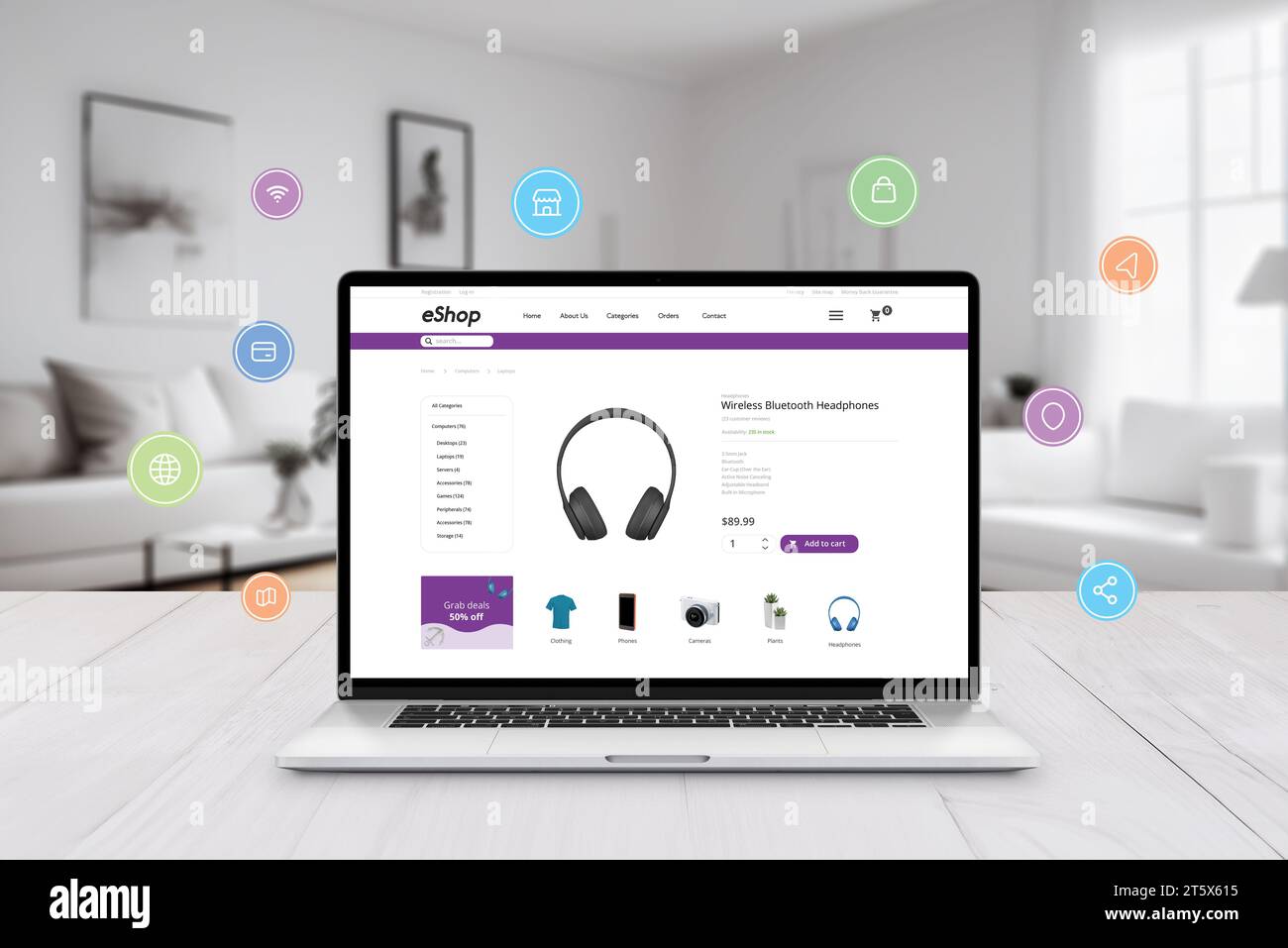 Achat à domicile en ligne via ordinateur portable. Site Web de commerce électronique sur l'affichage avec des icônes de shopping volent autour du concept. Profitez d'une expérience d'achat numérique sans effort Banque D'Images Achat à domicile en ligne via ordinateur portable. Site Web de commerce électronique sur l'affichage avec des icônes de shopping volent autour du concept. Profitez d'une expérience d'achat numérique sans effort Banque D'Images