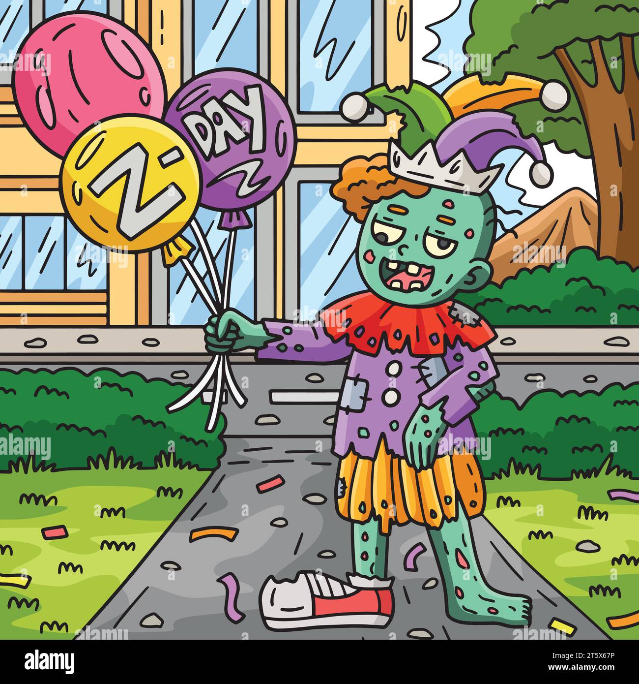 Zombie Clown avec Balloons Colored Cartoon Illustration de Vecteur