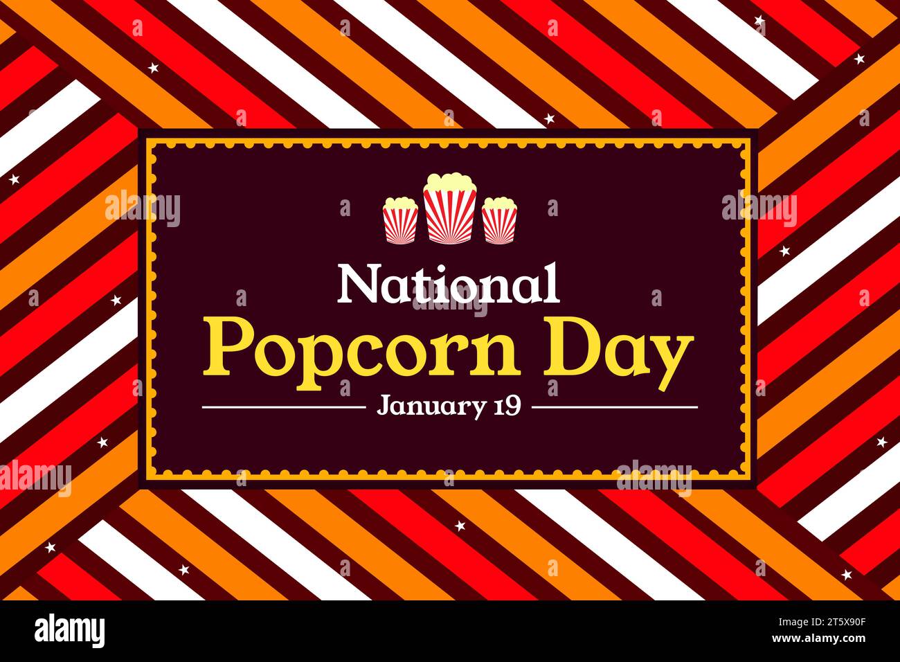 Fond d'écran national Popcorn Day avec des formes coloful, des paniers de pop-corn et de la typographie. Banque D'Images