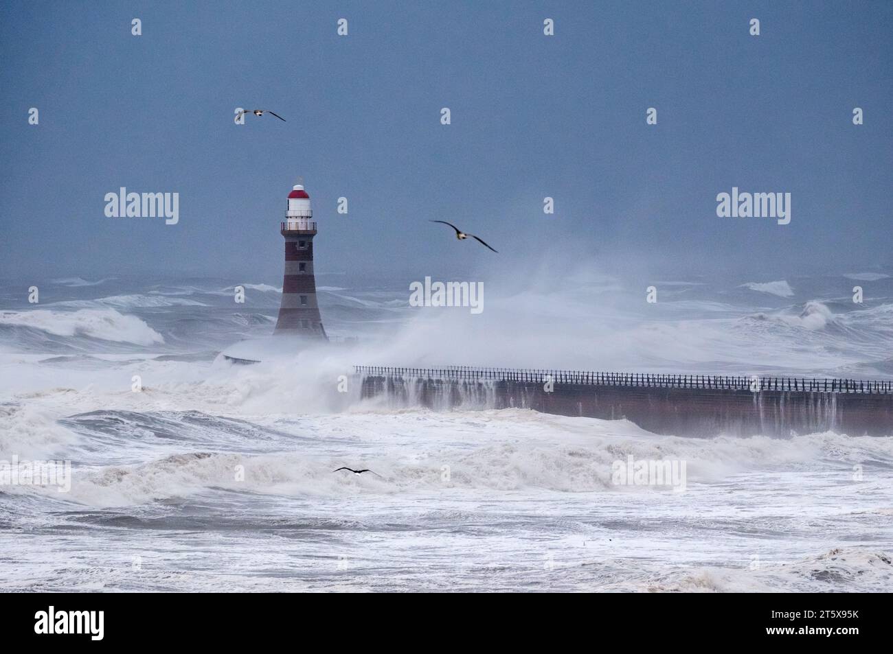 Mer agitée autour du phare de Roker à Sunderland avec des poissons de mer dans le tir. Octobre 2023 Banque D'Images