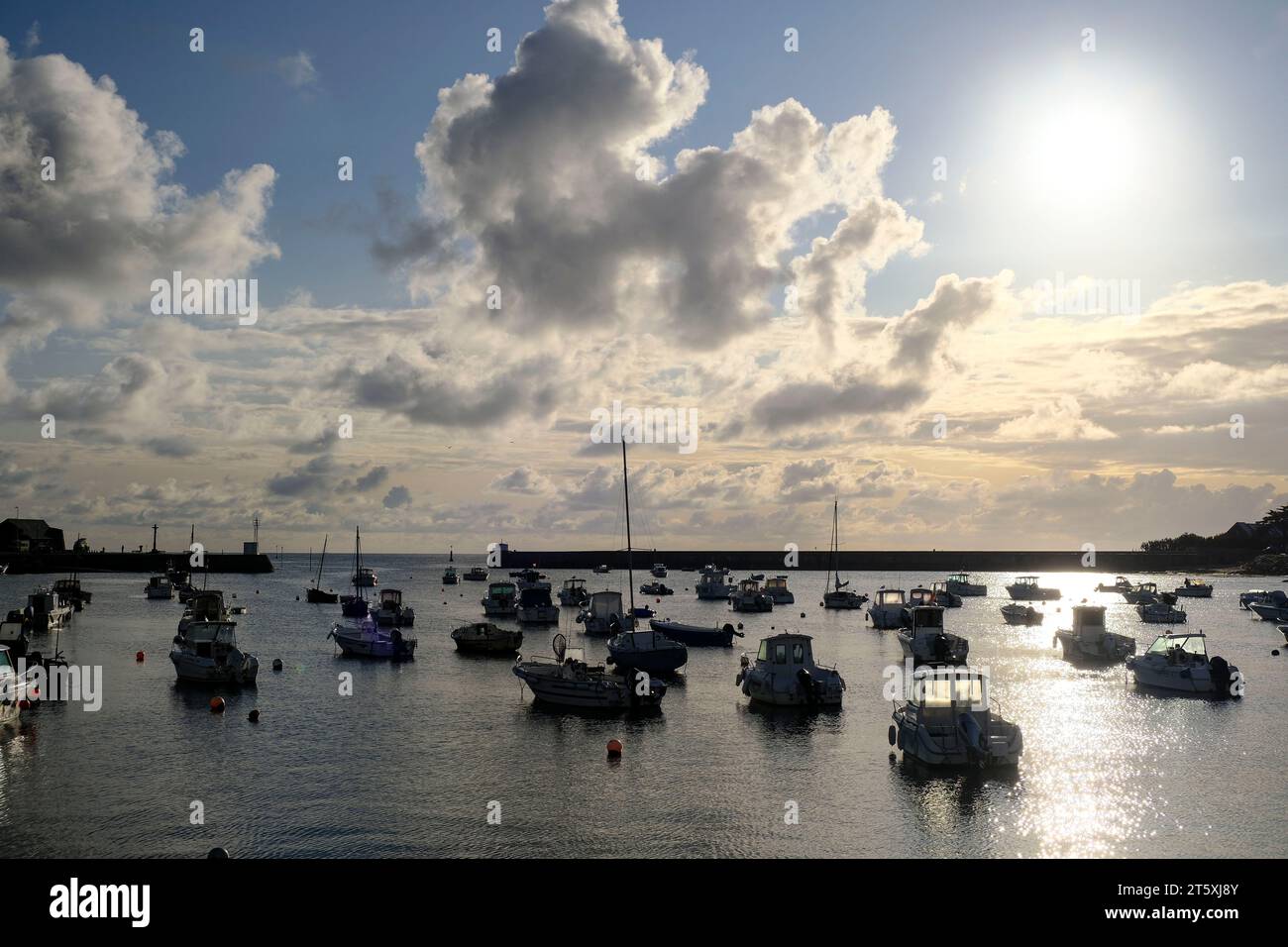 Frankreich, Barfleur, 27.08.2023 : Fischerboote im Gegenlicht BEI Ebbe im Hafen von Barfleur auf der Halbinsel Cotentin an der franzoesischen Kanalkues Banque D'Images