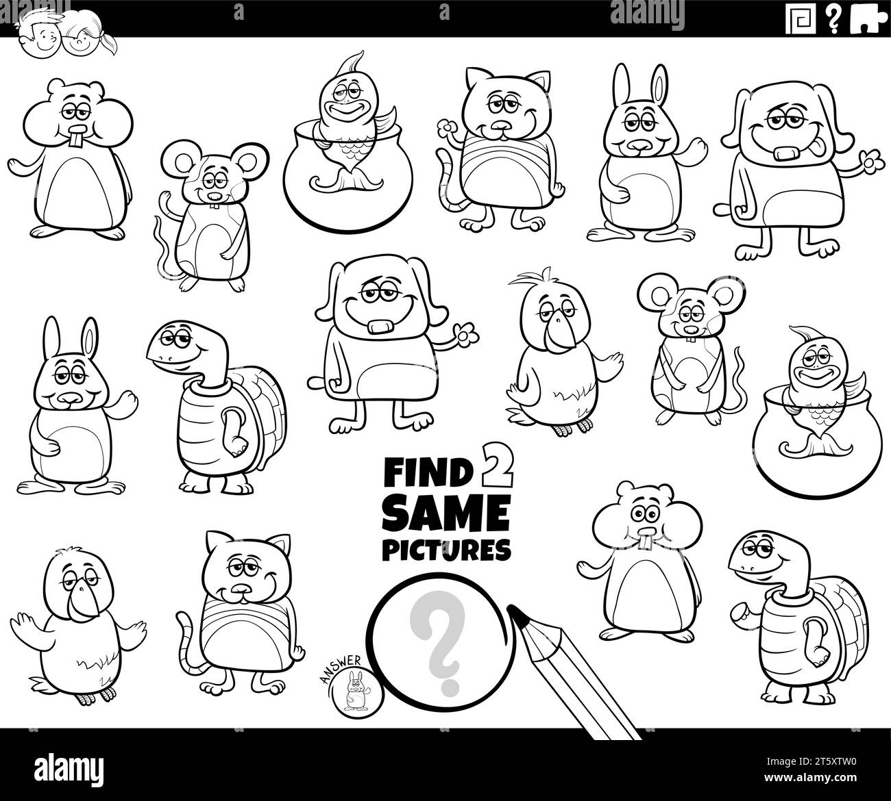 Illustration de dessin animé en noir et blanc de trouver deux mêmes images activité éducative avec des animaux de compagnie comiques à colorier page Illustration de Vecteur