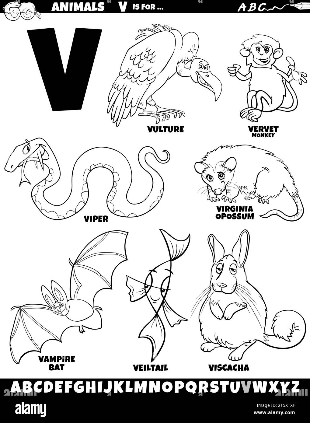 Illustration de dessin animé de caractères animaux mis pour la lettre V coloriage page Illustration de Vecteur