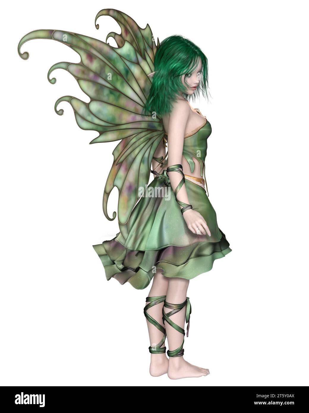 Jolie fée avec robe verte et ailes Banque D'Images
