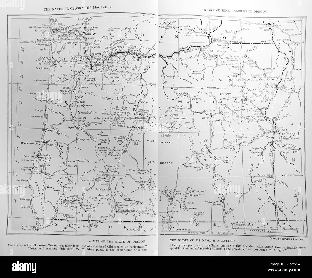 1934 Une carte de l'État de l'Oregon publiée dans le magazine National Geographic Banque D'Images