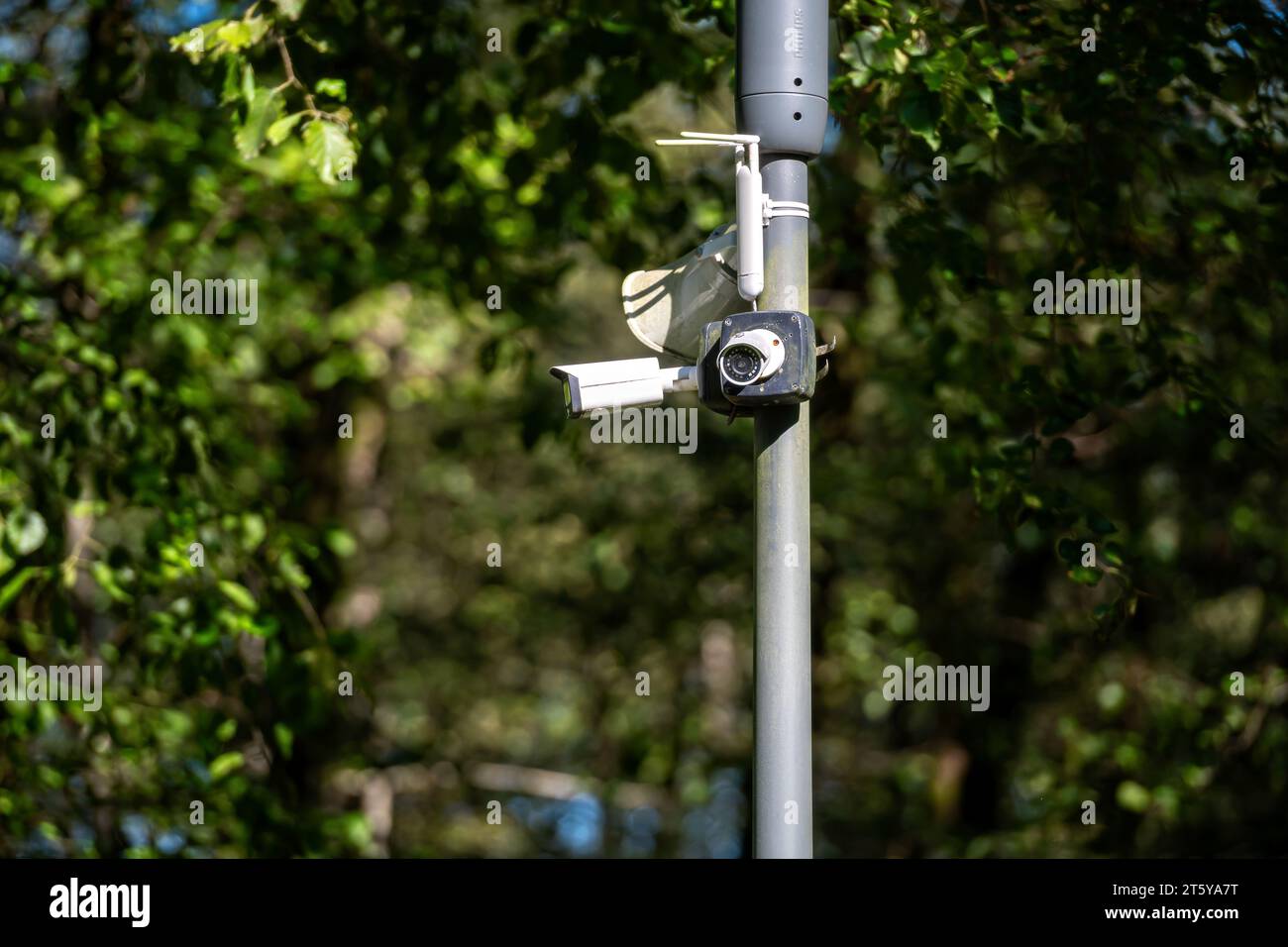 CC.TV. Caméras sur un poteau métallique dans un parc public pour surveiller, observer et prévenir la criminalité. Banque D'Images