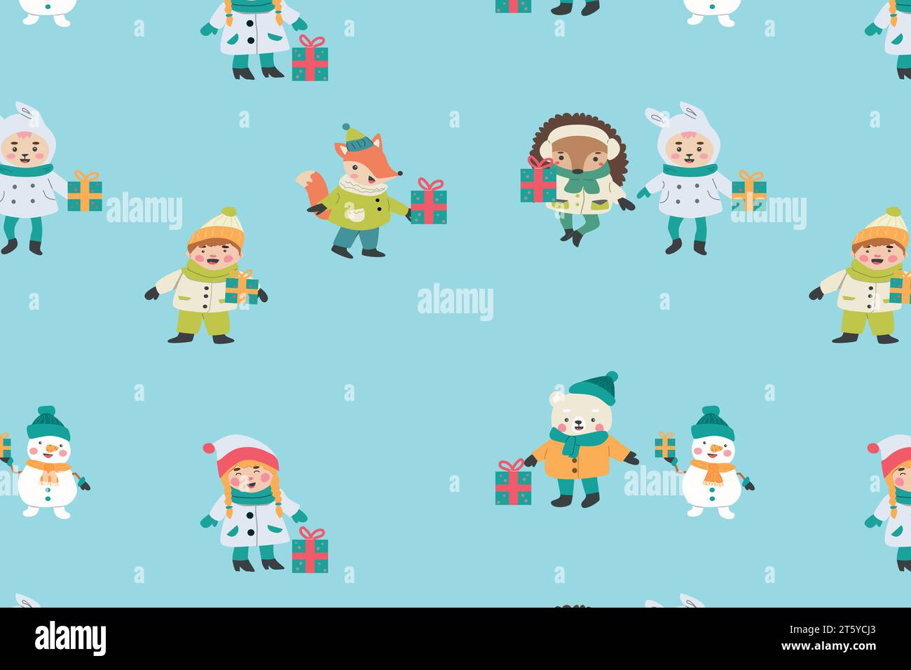 modèle sans couture avec des personnages d'hiver de bande dessinée Illustration de Vecteur