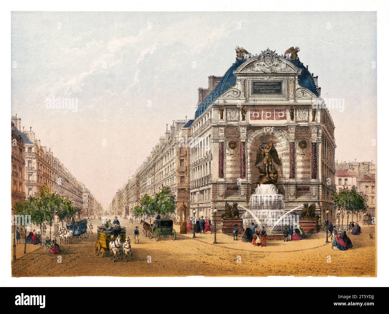 Vue ancienne de Fontaine Saint-Michel, Paris. Par Rivière, publ. À Paris, vers 1875 Banque D'Images