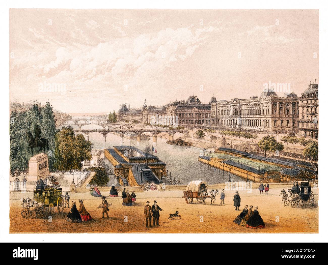 Vue ancienne sur la Seine et le palais du Louvre, Paris. Par Rivière, publ. À Paris, vers 1875 Banque D'Images