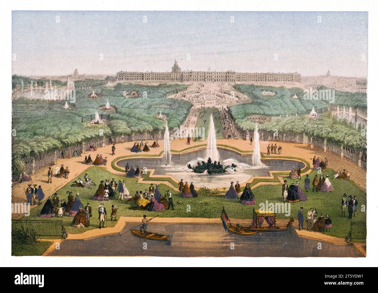 Vue ancienne sur le château de Versailles et le parc, Paris. Par Rivière, publ. À Paris, vers 1860 Banque D'Images