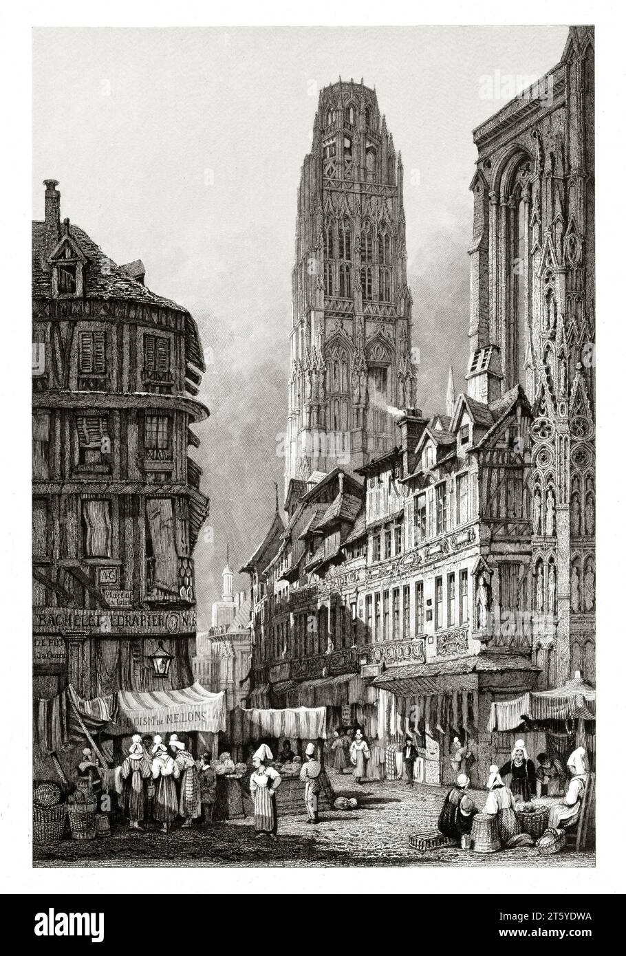 Vue ancienne de Rouen, France (Tour du beurre en arrière-plan). Par Prout, publ. À Londres, 1831 Banque D'Images