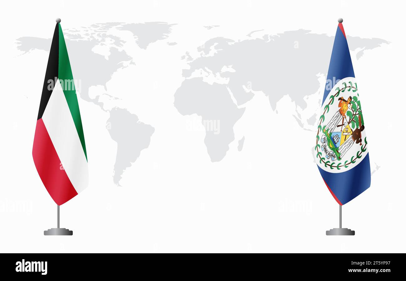 Drapeaux du Koweït et du Belize pour la réunion officielle sur fond de carte du monde. Illustration de Vecteur