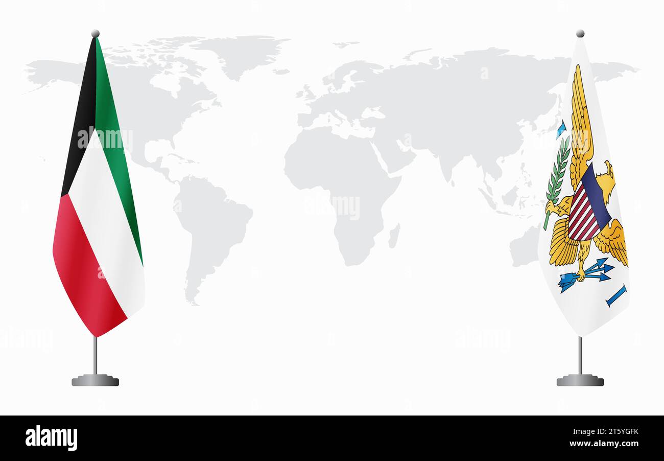 Drapeaux du Koweït et des îles Vierges américaines pour réunion officielle sur fond de carte du monde. Illustration de Vecteur