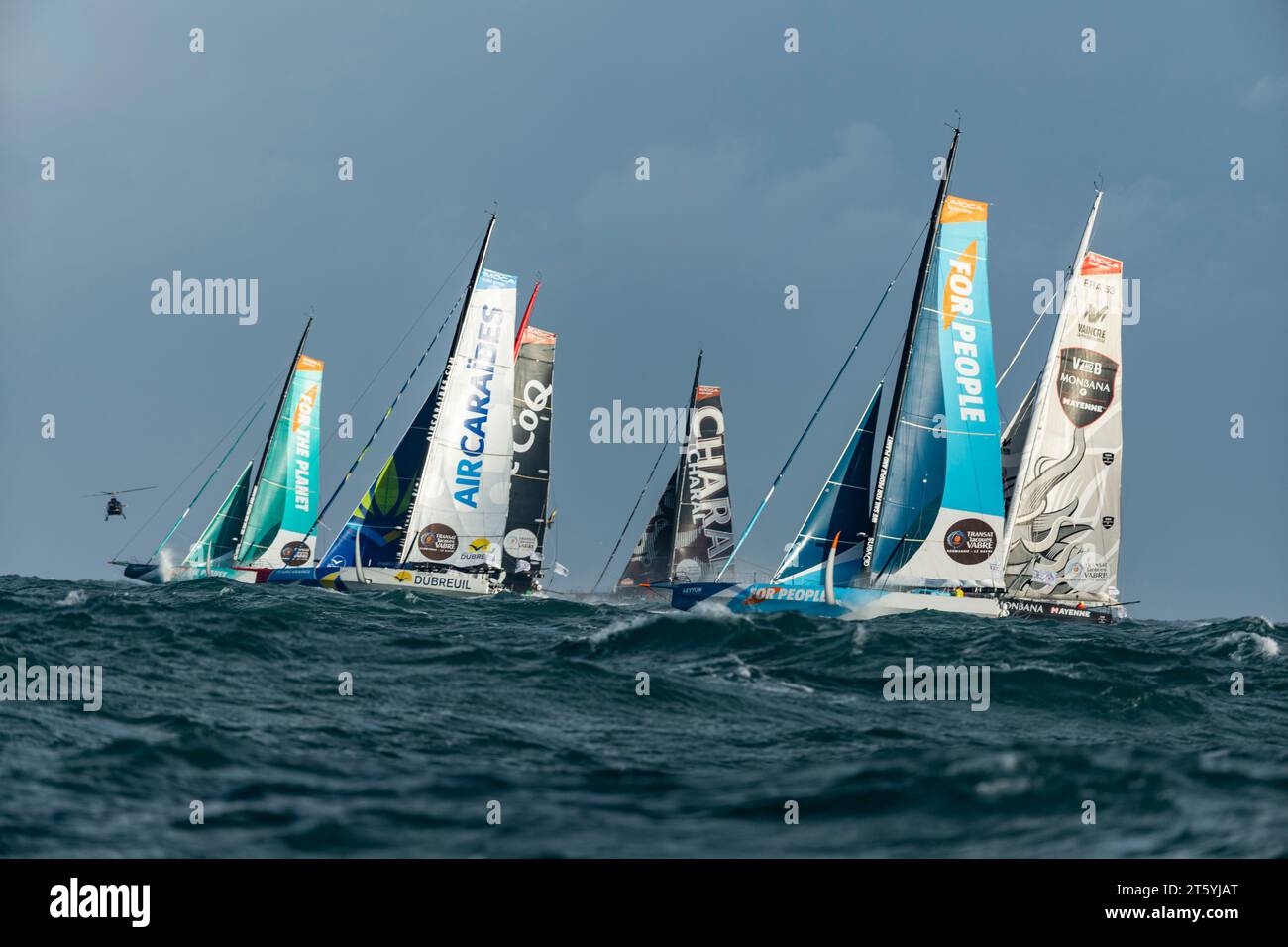 GOODCHIL Sam (gbr), KOCH Antoine (fra), pour la planète, SIMON Sébastien (fra), MARTINEZ Iker (spa), GROUPE Dubreuil, RUYANT Thomas (fra), BEYOU Jérémie (fra), CAMMAS Franck (fra), Charal, LAGRAVIERE Morgan (fra), pour People, SOREL Maxime (fra), PRATT Christopher (fra), V et B - Monbana - Mayenne, COUSIN Manuel (fra), GIRAUD Clément (fra), coupe de pouce - Giffard manutention, action lors du départ de la 16e édition de la Transat Jacques Vabre, course de plaisance du Havre, France à fort de France, Martinique, le 7 novembre 2023 - photo Pierre Bourras / DPPI Banque D'Images