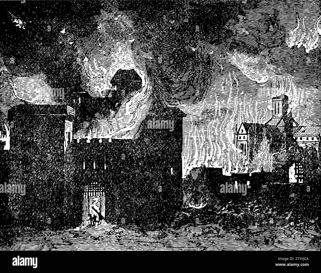 Grand feu Londres Histoire de l'Angleterre circa 1883 - illustration d'art vintage antique de gravure sur bois Banque D'Images