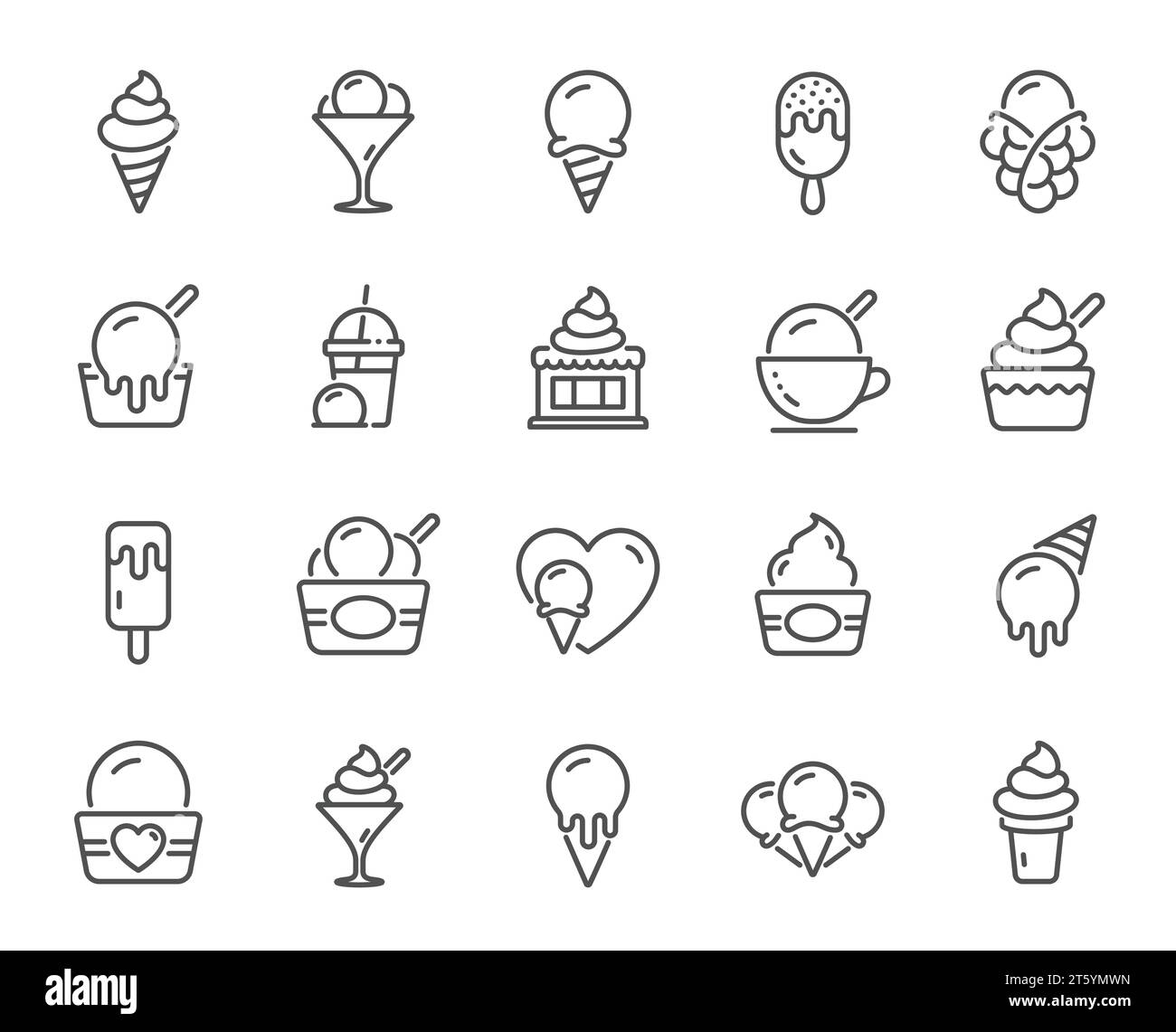 Icônes de lignes de crème glacée. Sundae à la vanille, yaourt glacé, gaufre à bulles. Vecteur Illustration de Vecteur
