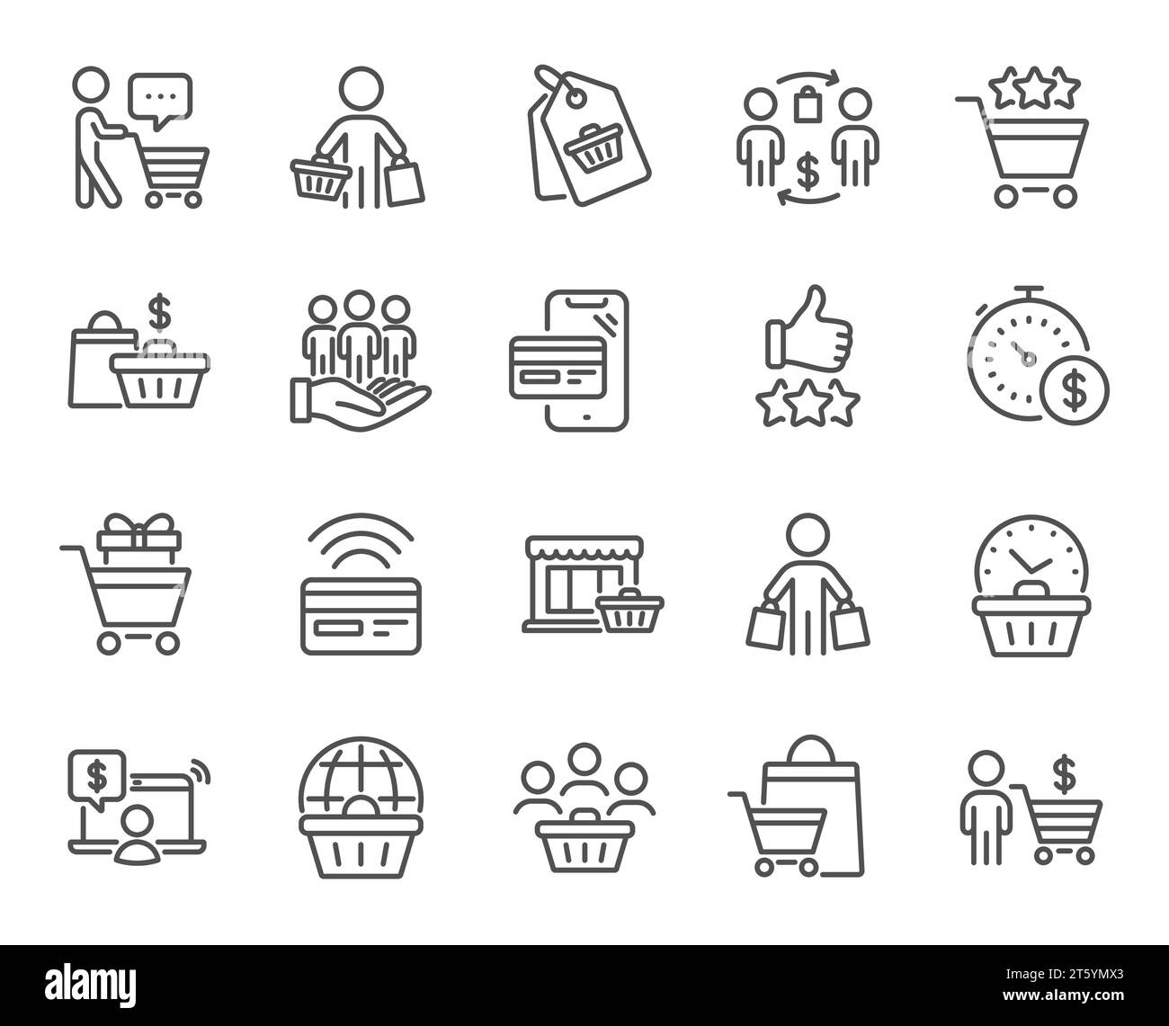 Icônes de ligne client acheteur. Paiement sans contact, panier et groupe de personnes. Vecteur Illustration de Vecteur