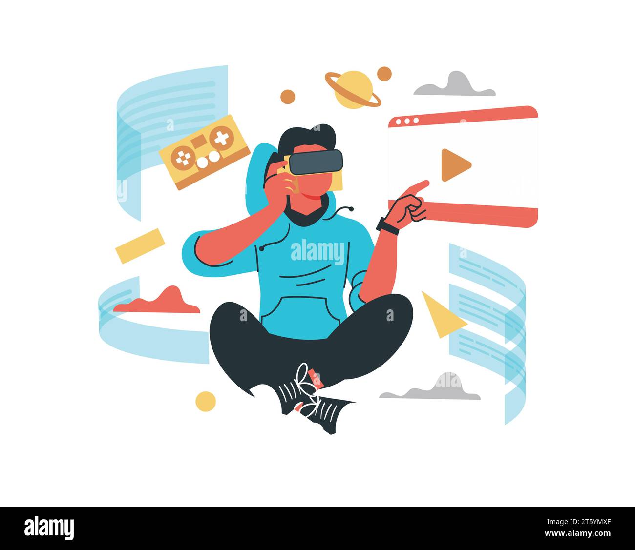 Jeune homme dans des lunettes de réalité virtuelle. Concept d'illustration native numérique vectorielle Illustration de Vecteur