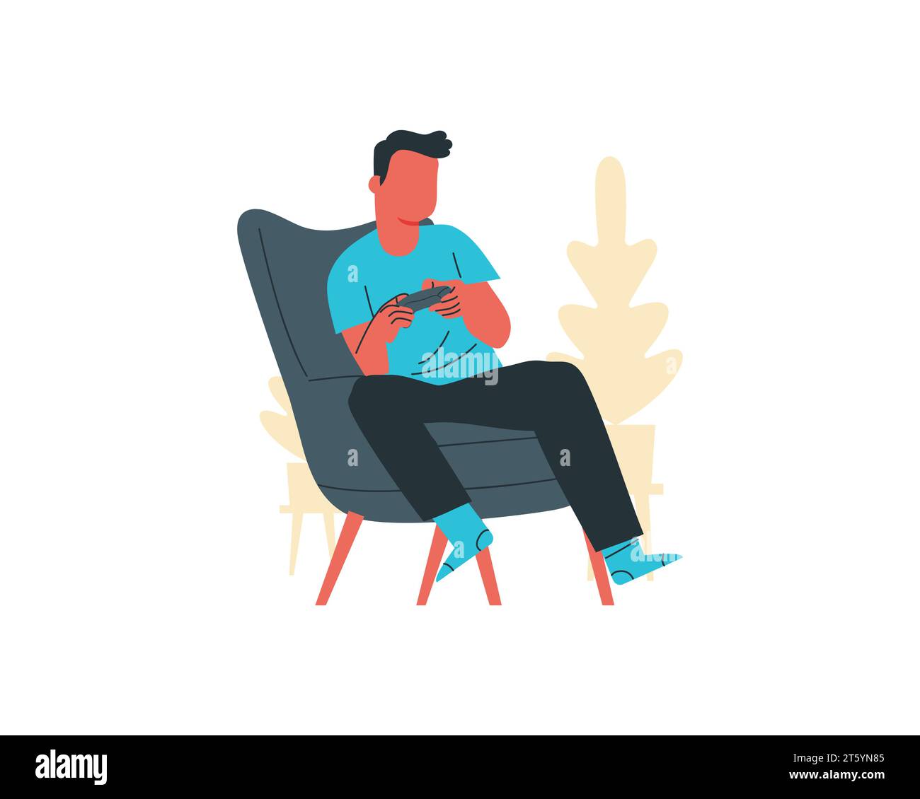 Jeune homme assis dans un fauteuil et jouant au jeu illustration vectorielle plate. Illustration de Vecteur