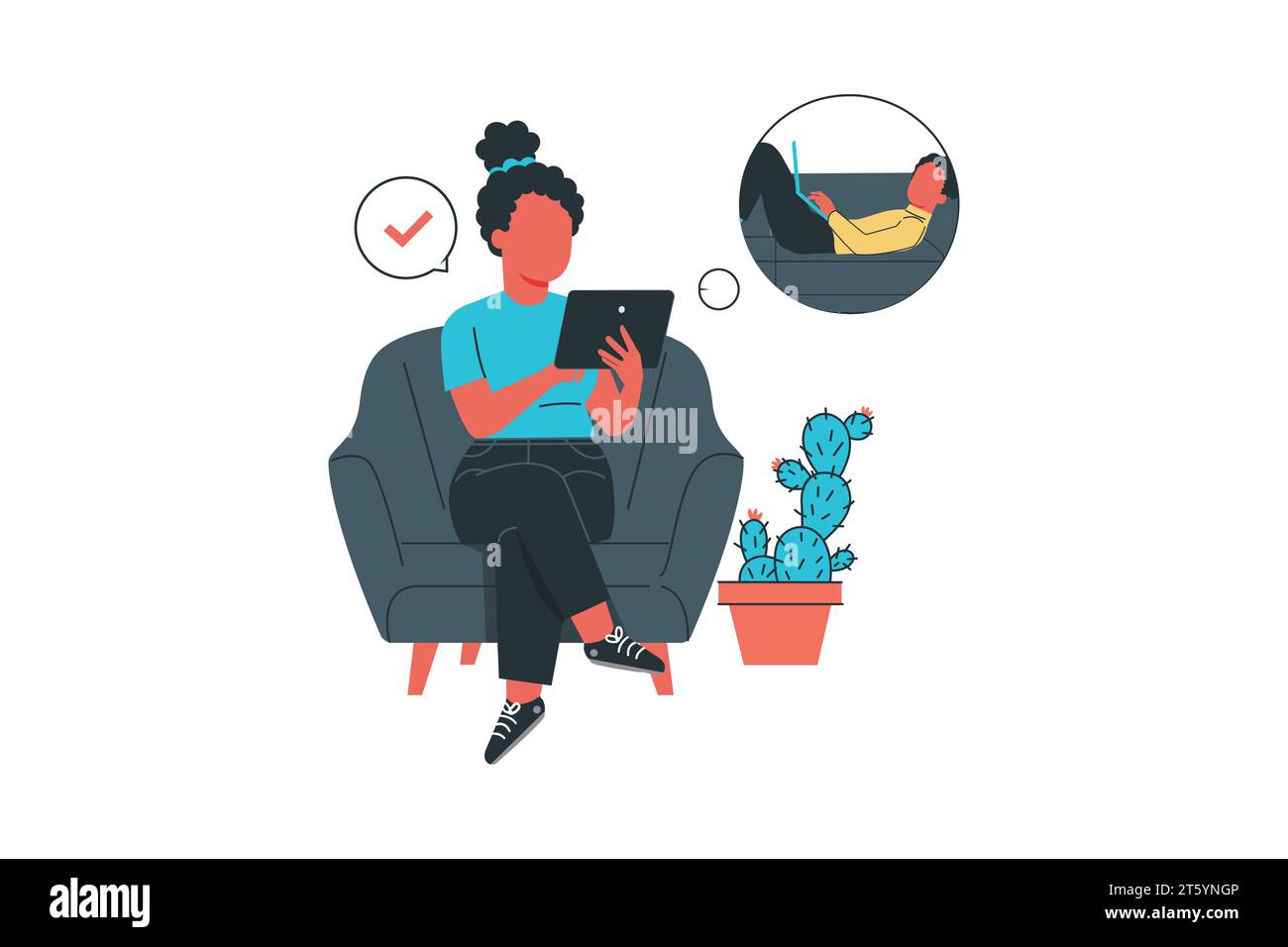 jeune femme assise dans un fauteuil et utilisant une tablette pc pour communiquer avec son compagnon. Illustration vectorielle plate. Illustration de Vecteur