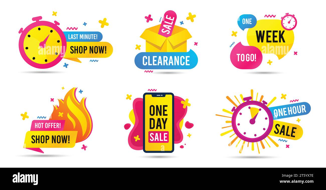 Badges de minuterie de vente. Bannière de dernière minute, soldes d'un jour et autocollants d'offre chaude. Promotions sur les soldes de liquidation. Vecteur Illustration de Vecteur