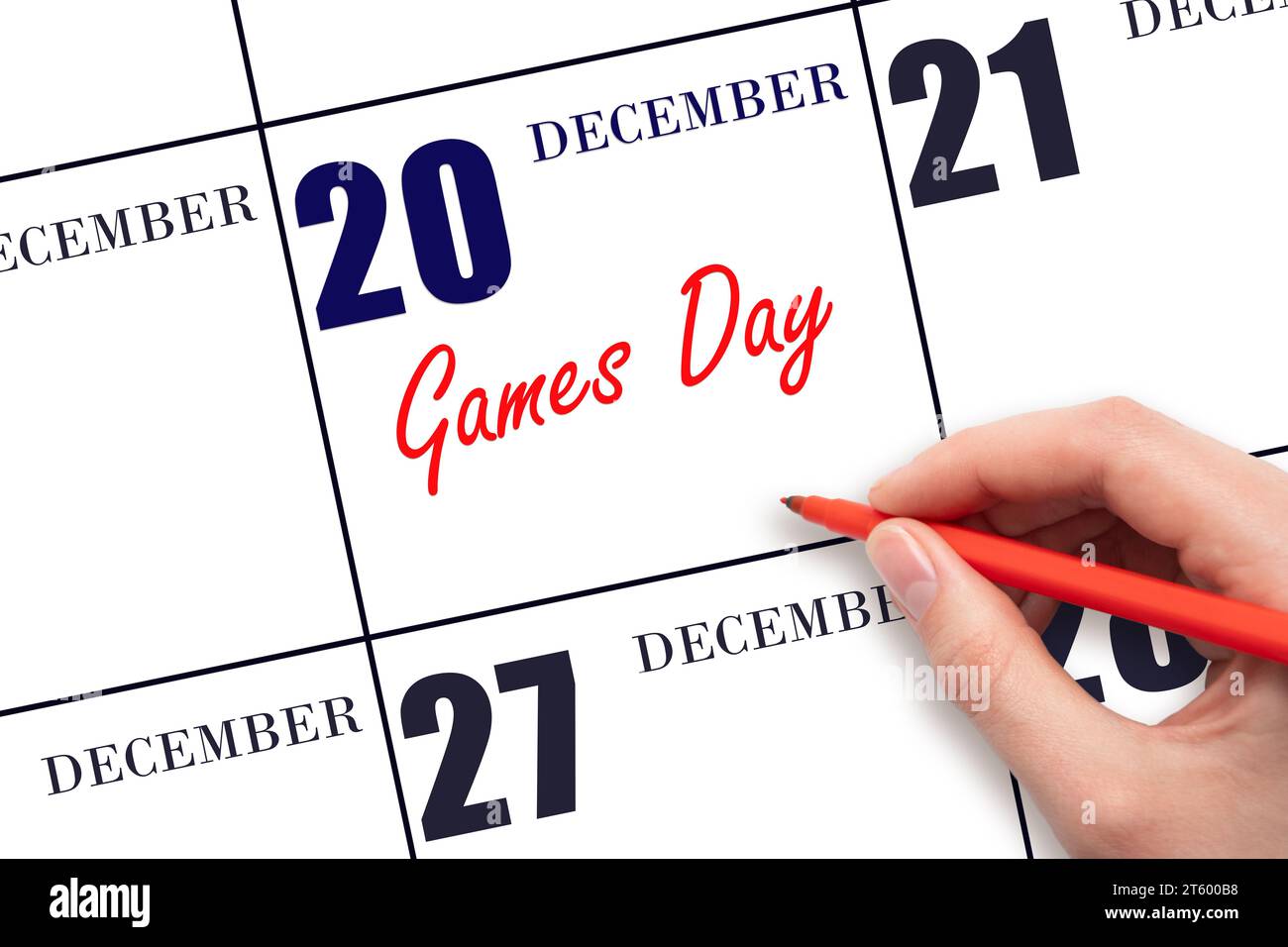 Décembre 20. Texte d'écriture à la main Jeux jour le jour du calendrier. Enregistrez la date. Vacances. Concept du jour de l'année. Banque D'Images