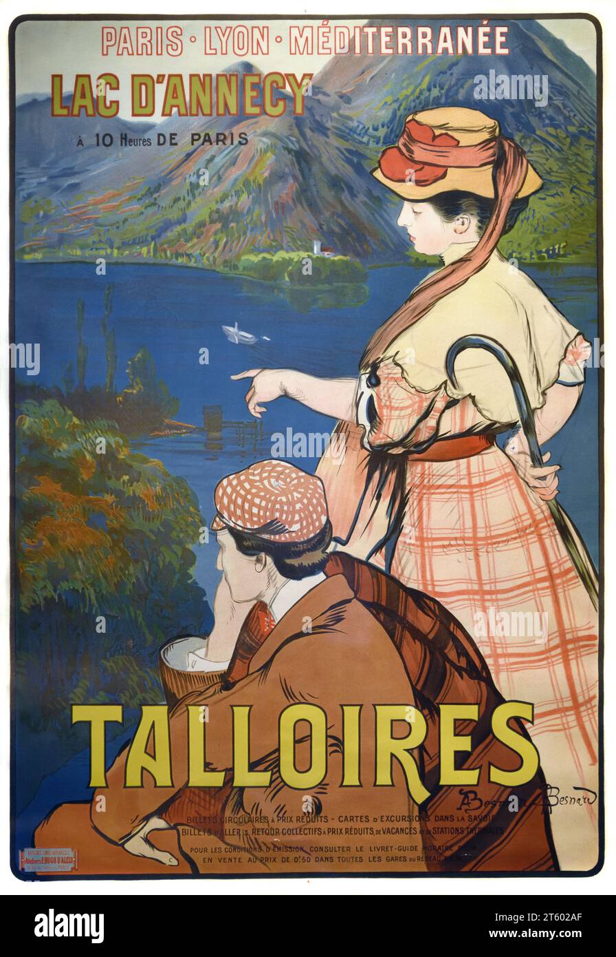 Affiche vintage, annonce ou Publicité pour la station alpine de Talloires sur les rives du Lac d'Annecy avec couple de touristes des années 1930 haute Savoie France Banque D'Images