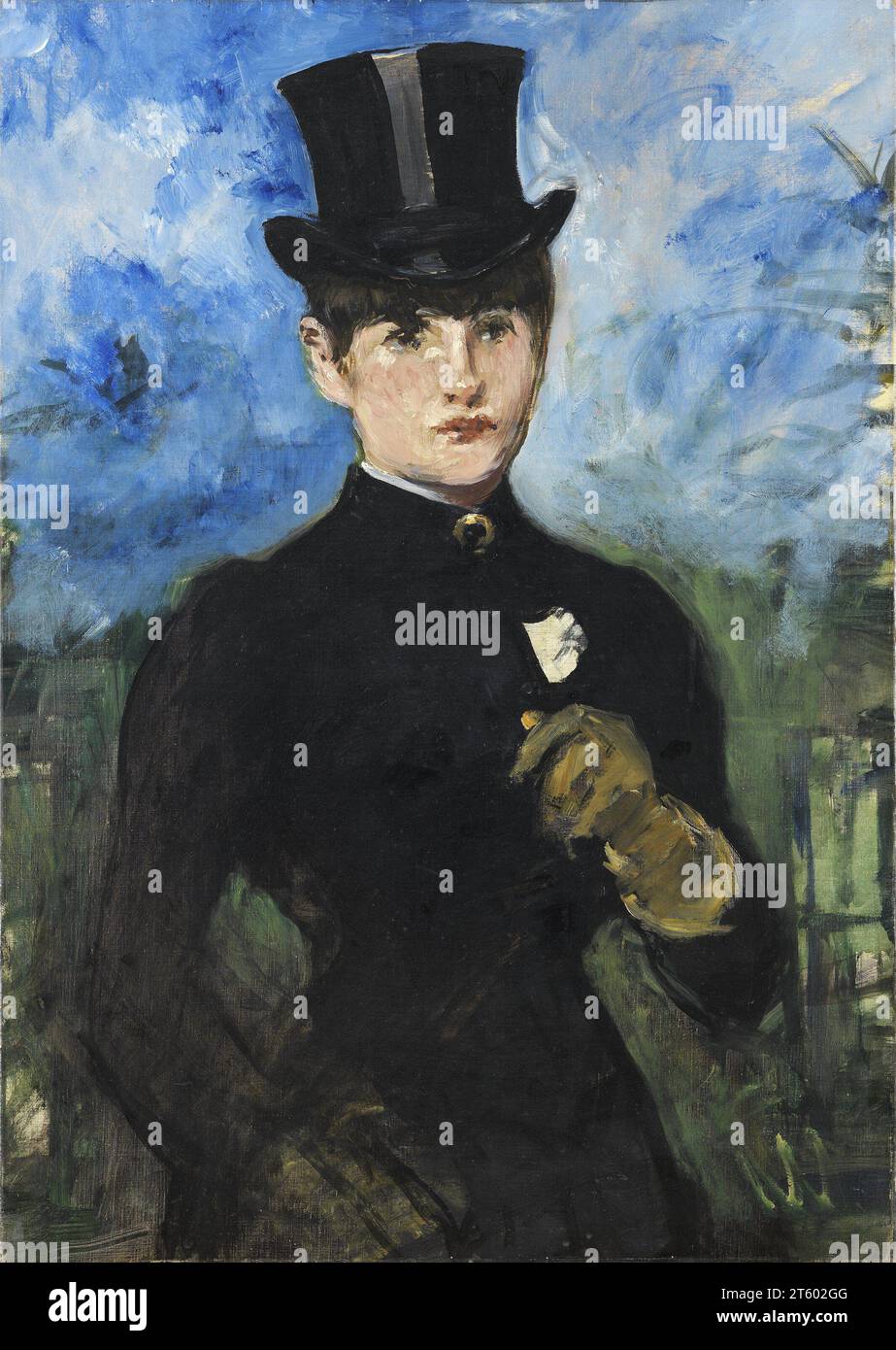 Titre : Horsewoman, Full-face (l'Amazone) artiste : Édouard Manet Date : ca. 1882 contenu : une peinture d'une femme montée à cheval, face au spectateur. La femme porte un habit bleu et un chapeau noir. Elle tient les rênes du cheval dans une main, et elle a un fouet dans l'autre main. Dimensions : 73 x 52 cm support : huile sur toile lieu : Museo Nacional Thyssen-Bornemisza, Madrid Banque D'Images