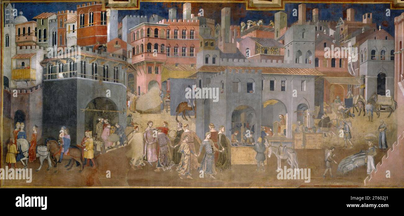 Titre : les effets du bon gouvernement dans les villes (détail de l'allégorie et effets du bon et du mauvais gouvernement dans les villes et les campagnes) artiste : Ambrogio Lorenzetti Date : 1337-1343 (C14ème AD) Moyen : fresque emplacement : Hall de la paix, Palazzo Publico, Siena (Palazzo Pubblico), Sienne, Italie Dimensions : largeur 1400 cm Banque D'Images
