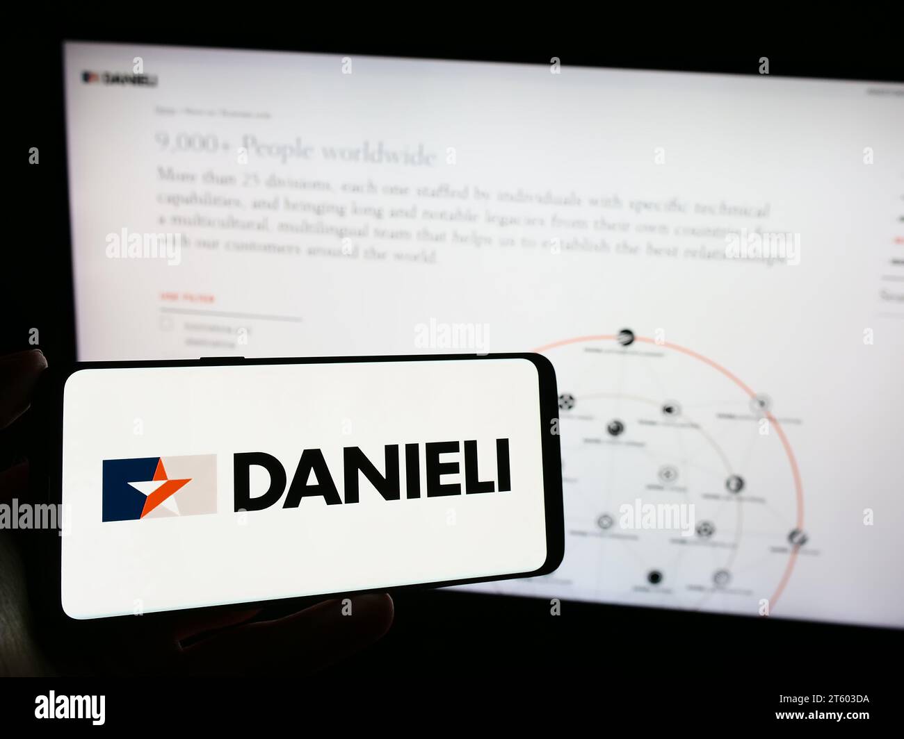 Personne tenant un téléphone portable avec le logo de la société italienne Danieli C. Officine Meccaniche spa devant la page Web de l'entreprise. Concentrez-vous sur l'affichage du téléphone. Banque D'Images