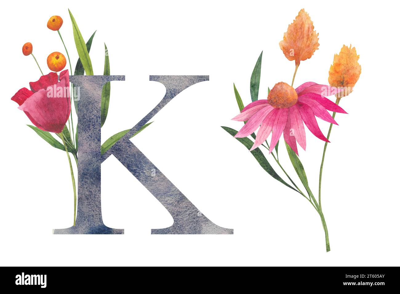 Lettre K avec des fleurs sauvages aquarelles. Alphabet floral, lettres isolées avec bouquet botanique. initiales de monogramme parfaitement pour invitation de mariage Banque D'Images