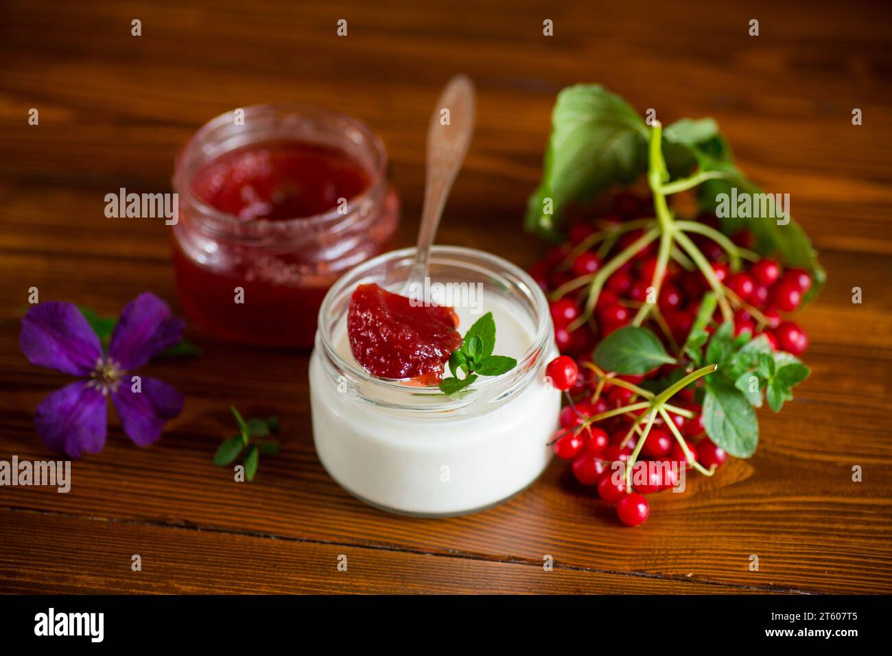 Yaourt maison préparé avec de la confiture de viburnum et du viburnum sur une table en bois. Banque D'Images