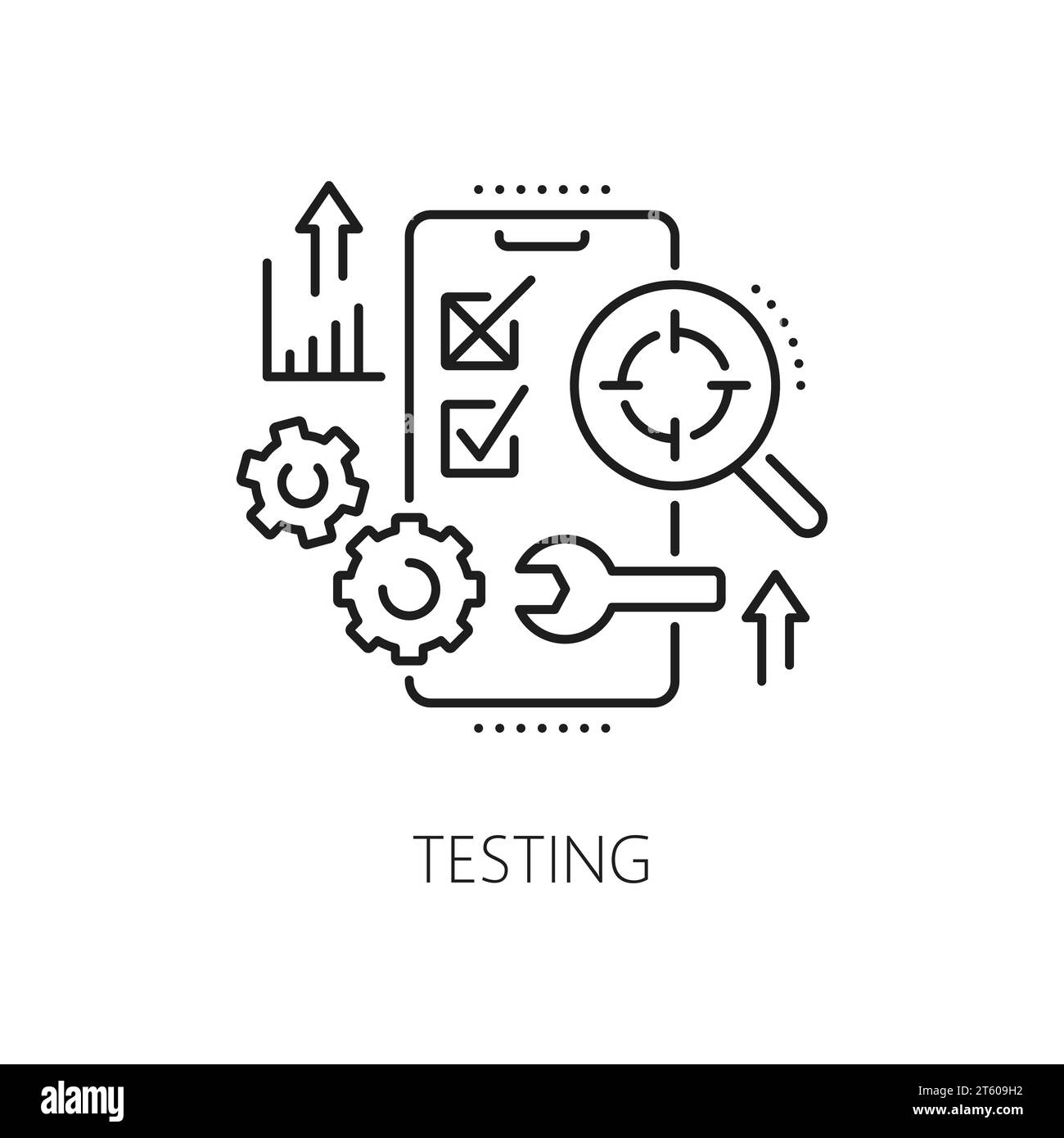 Test, application web développement et optimisation icône de test et d'analyse de logiciel, vecteur de ligne. Application de téléphone mobile ou logiciel d'application Web test de la convivialité de l'interface utilisateur analyse UX et erreur de processus ou débogage Illustration de Vecteur