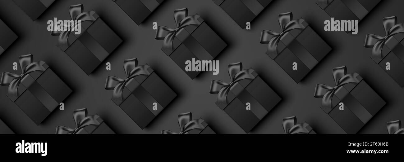 Beaucoup de boîtes cadeaux noires couchées dans une rangée sur un fond dégradé noir. Black Friday shopping design de bannière vectorielle de style premium. Illustration de Vecteur