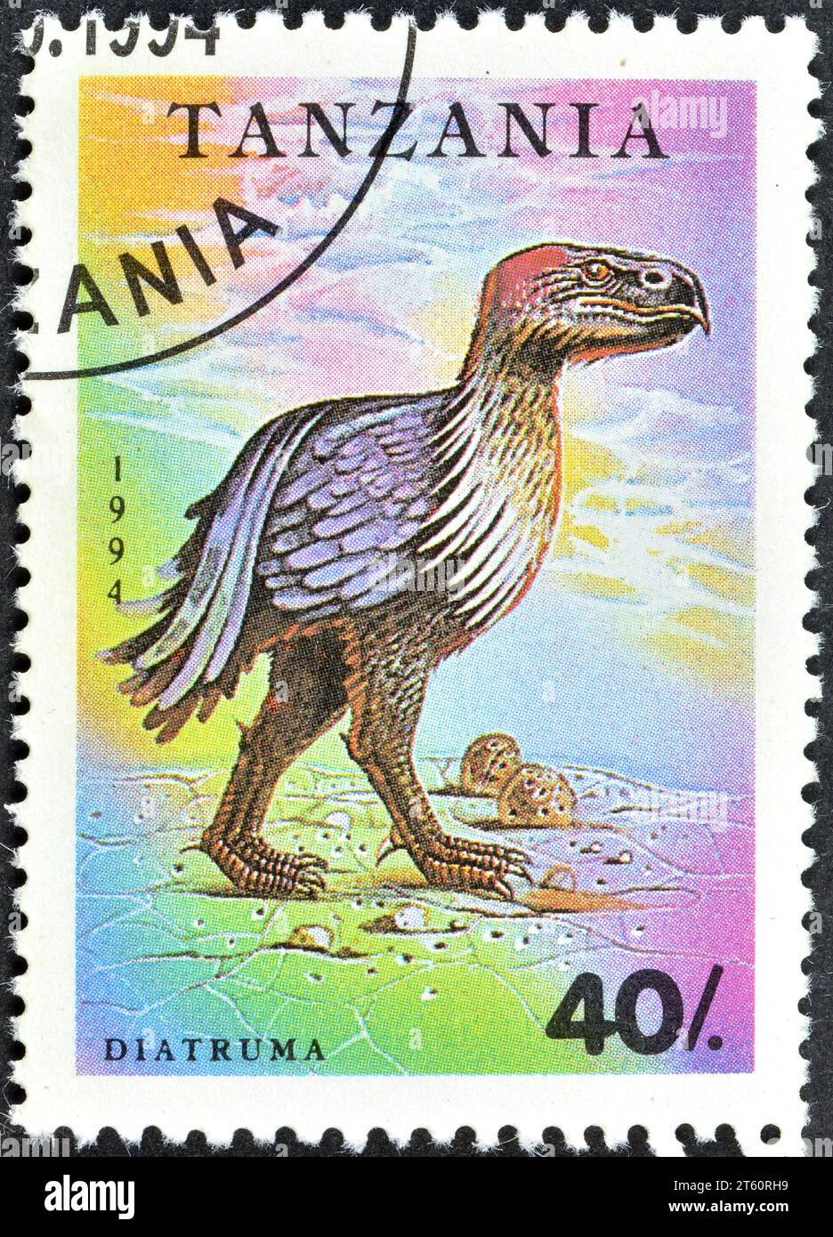 Timbre-poste annulé imprimé par la Tanzanie, qui montre Prehistoric Animal - Diatryma, vers 1994. Banque D'Images