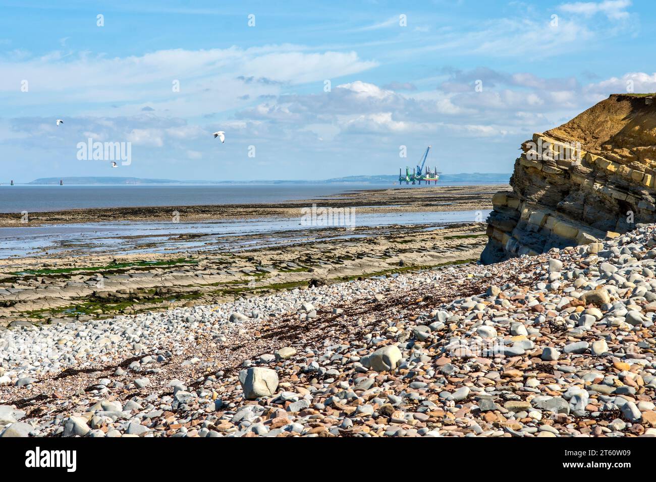 Kilve Beach et côte rocheuse, à Kilve, Quantocks, Somerset, Royaume-Uni par une journée ensoleillée. La plage est bien connue pour trouver des fossiles. Banque D'Images