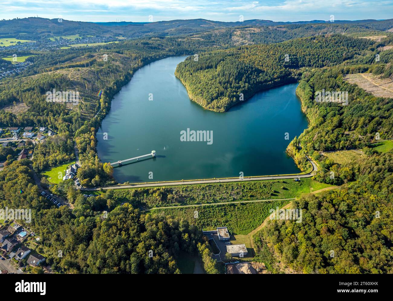 Vue aérienne, Breitenbachtalsperre et barrage dans la zone forestière vallonnée, zone forestière avec des dommages forestiers, Allenbach, Hilchenbach, Siegerland, Rhénanie du Nord-Westph Banque D'Images