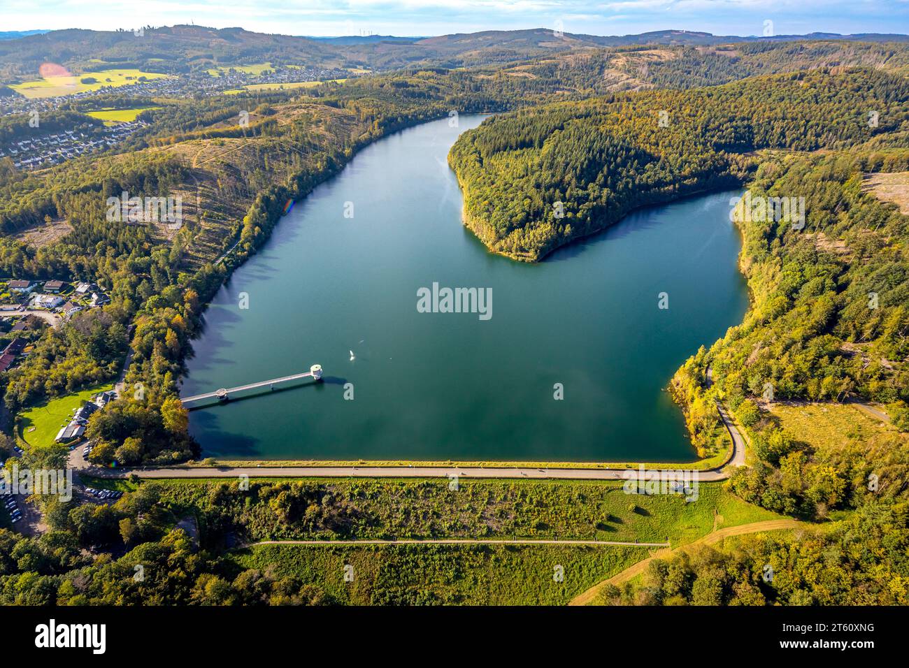 Vue aérienne, Breitenbachtalsperre et barrage dans la zone forestière vallonnée, zone forestière avec des dommages forestiers, Allenbach, Hilchenbach, Siegerland, Rhénanie du Nord-Westph Banque D'Images