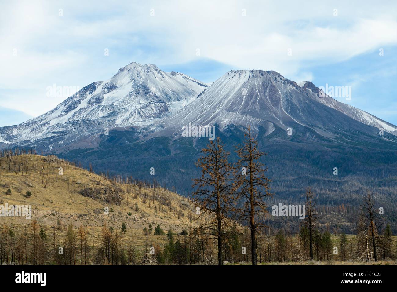 Mont Shasta volcan en Californie du Nord avec saisons premières chutes de neige au sommet du volcan dans le cercle de feu du Pacifique Banque D'Images