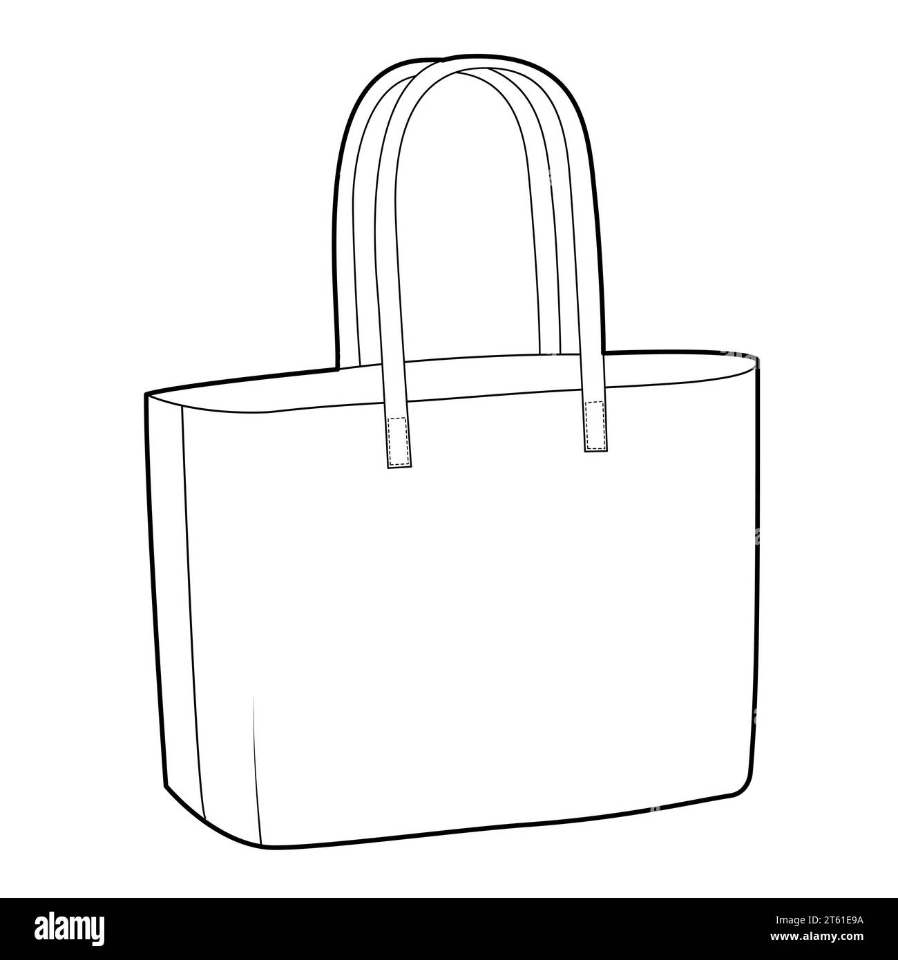 Sac silhouette East West large Tote. Illustration technique accessoire de mode. Vector satchel vue avant 3-4 pour hommes, femmes, style unisexe, sac à main plat maquette CAD esquisse contour isolé Illustration de Vecteur