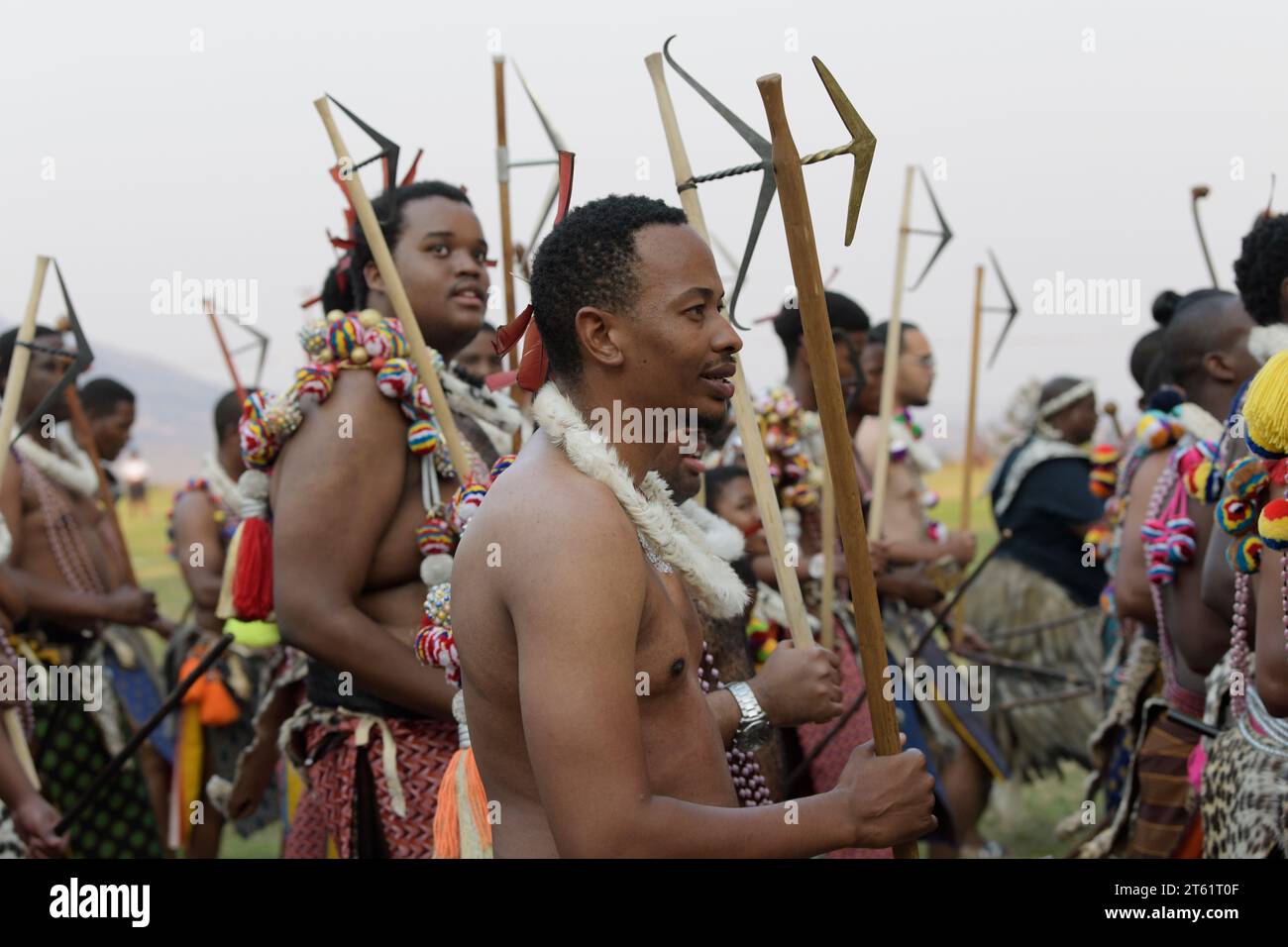 Groupe de prétendants masculins dans la cérémonie de danse de roseau Umhlanga 2023, Royaume d'eSwatini, hommes adultes en robe traditionnelle swazie marchant dans le défilé, festival Banque D'Images