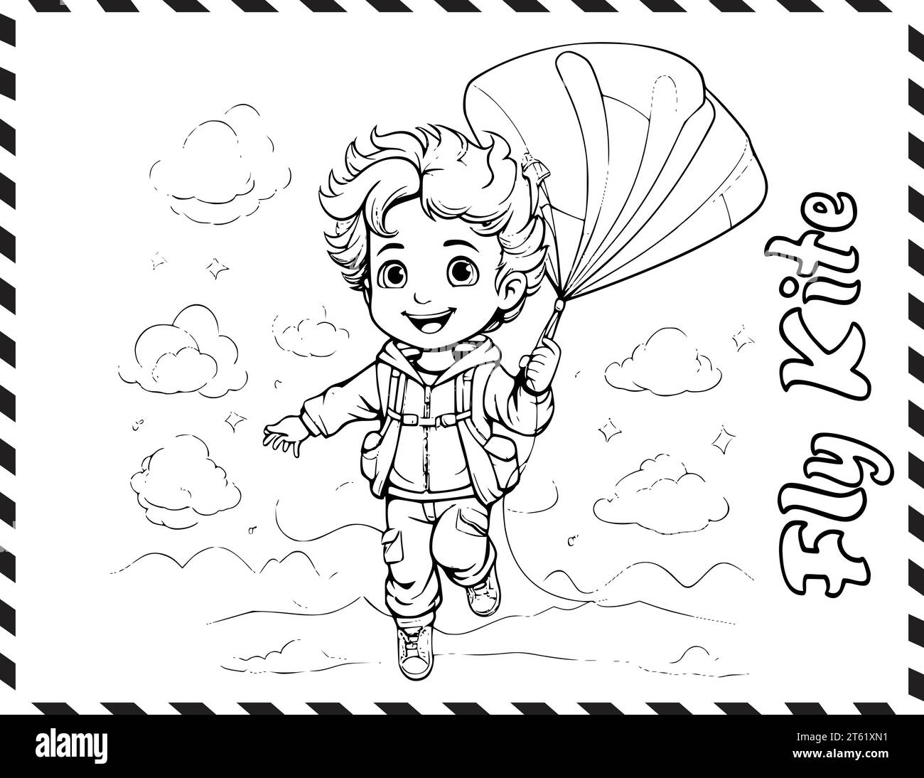 Page de coloriage Chearful Fly Kite pour les enfants Illustration de Vecteur