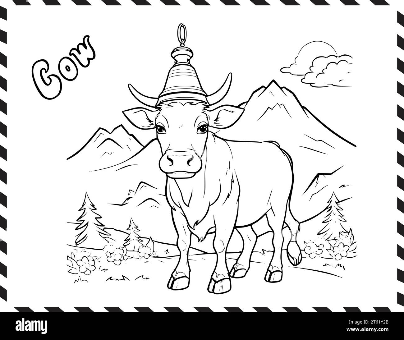Vache avec la page de coloriage de cloche pour les enfants Illustration de Vecteur