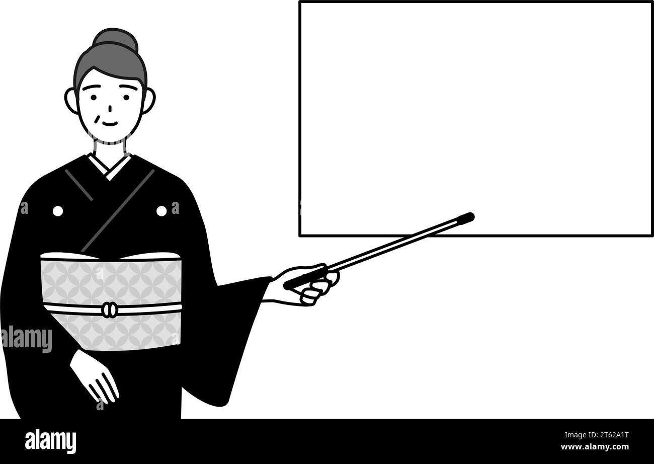 Salutation du nouvel an et mariages, femme senior en kimono pointant vers un tableau blanc avec un bâton indicateur, Illustration vectorielle Illustration de Vecteur