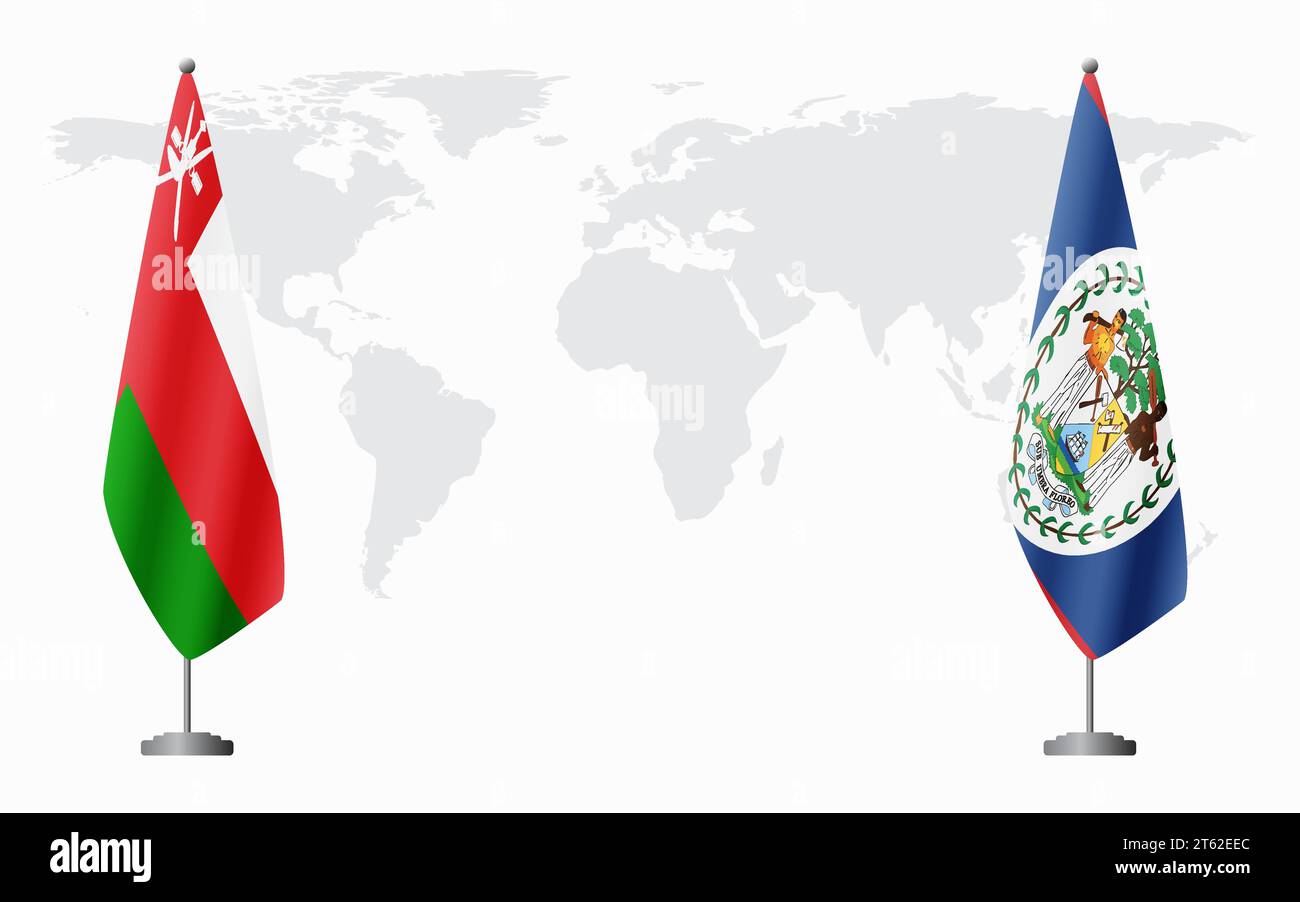 Oman et Belize drapeaux pour réunion officielle sur fond de carte du monde. Illustration de Vecteur