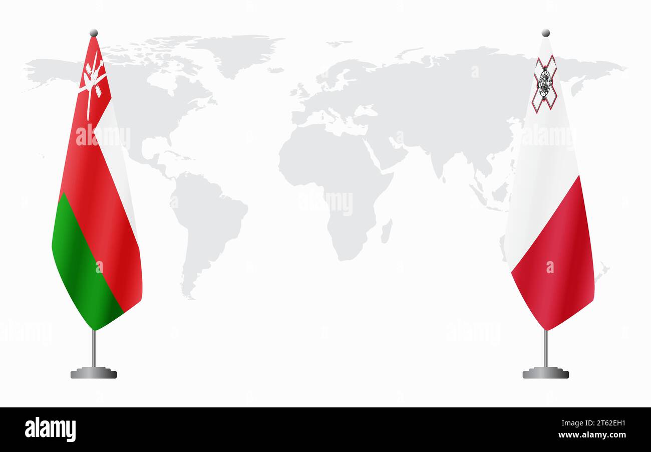 Oman et Malte drapeaux pour réunion officielle sur fond de carte du monde. Illustration de Vecteur